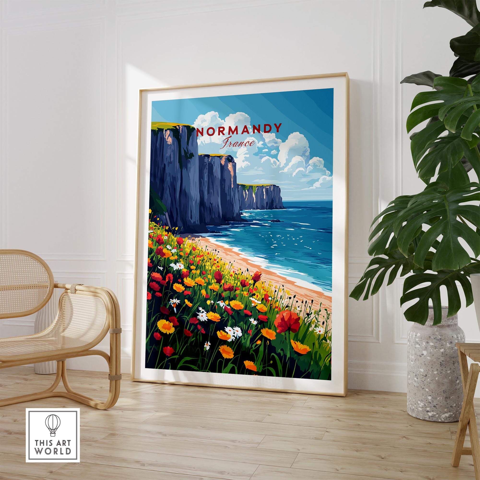 Normandy Wall Art Print showcasing stunning coastal cliffs and vibrant flowers, bringing a touch of coastal charm to your space.