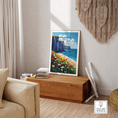 Normandy Wall Art Print showcasing stunning coastal cliffs and vibrant flowers, perfect for adding charm to any room.