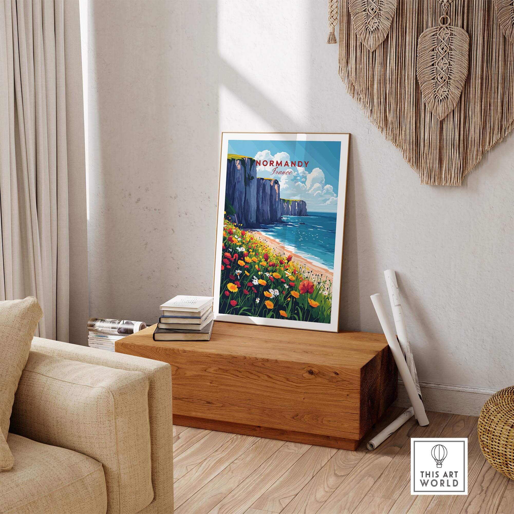 Normandy Wall Art Print showcasing stunning coastal cliffs and vibrant flowers, perfect for adding charm to any room.
