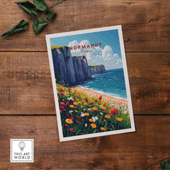 Normandy Wall Art Print featuring stunning coastal cliffs and vibrant flowers, perfect for adding charm to your decor.