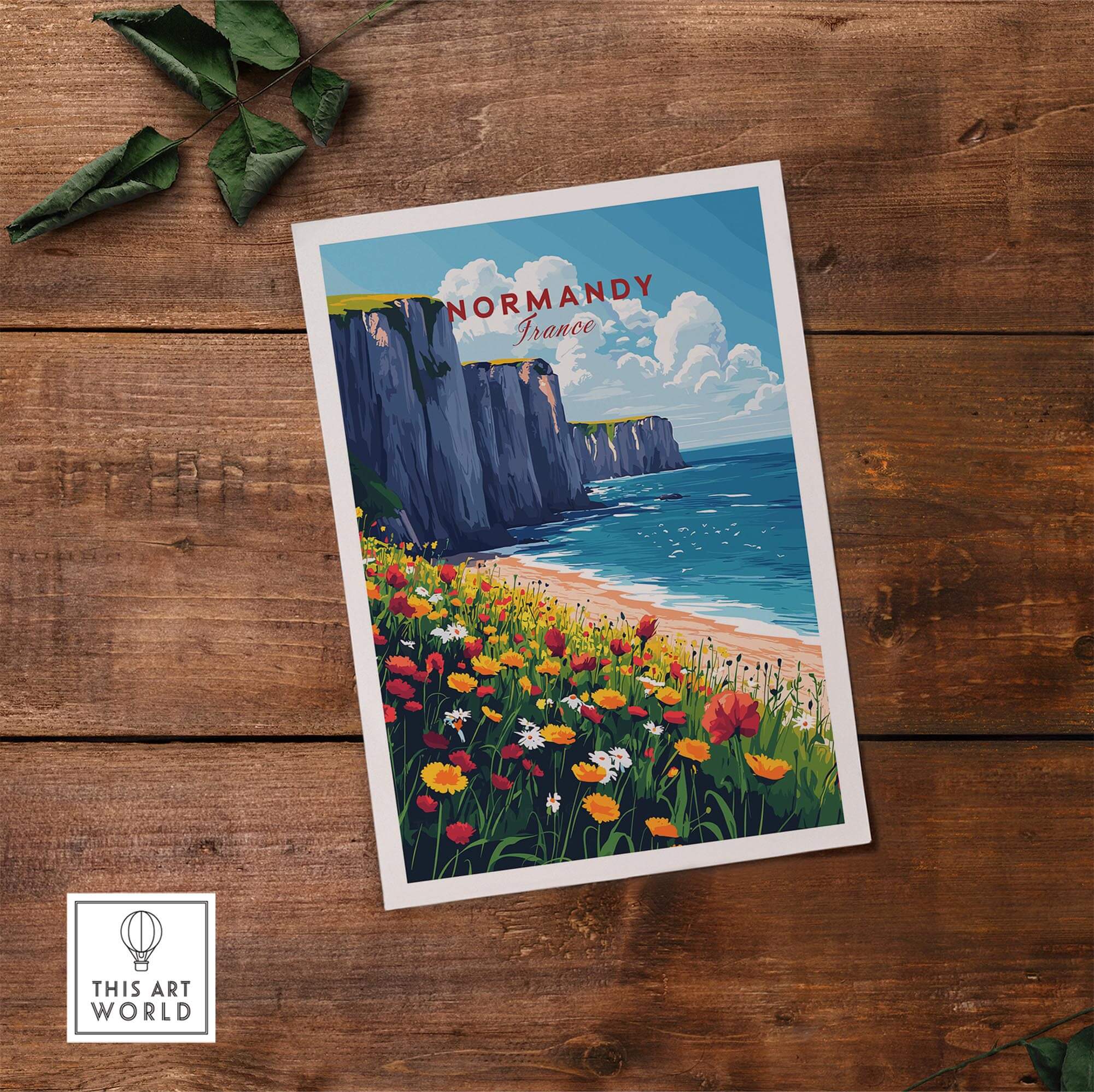 Normandy Wall Art Print featuring stunning coastal cliffs and vibrant flowers, perfect for adding charm to your decor.