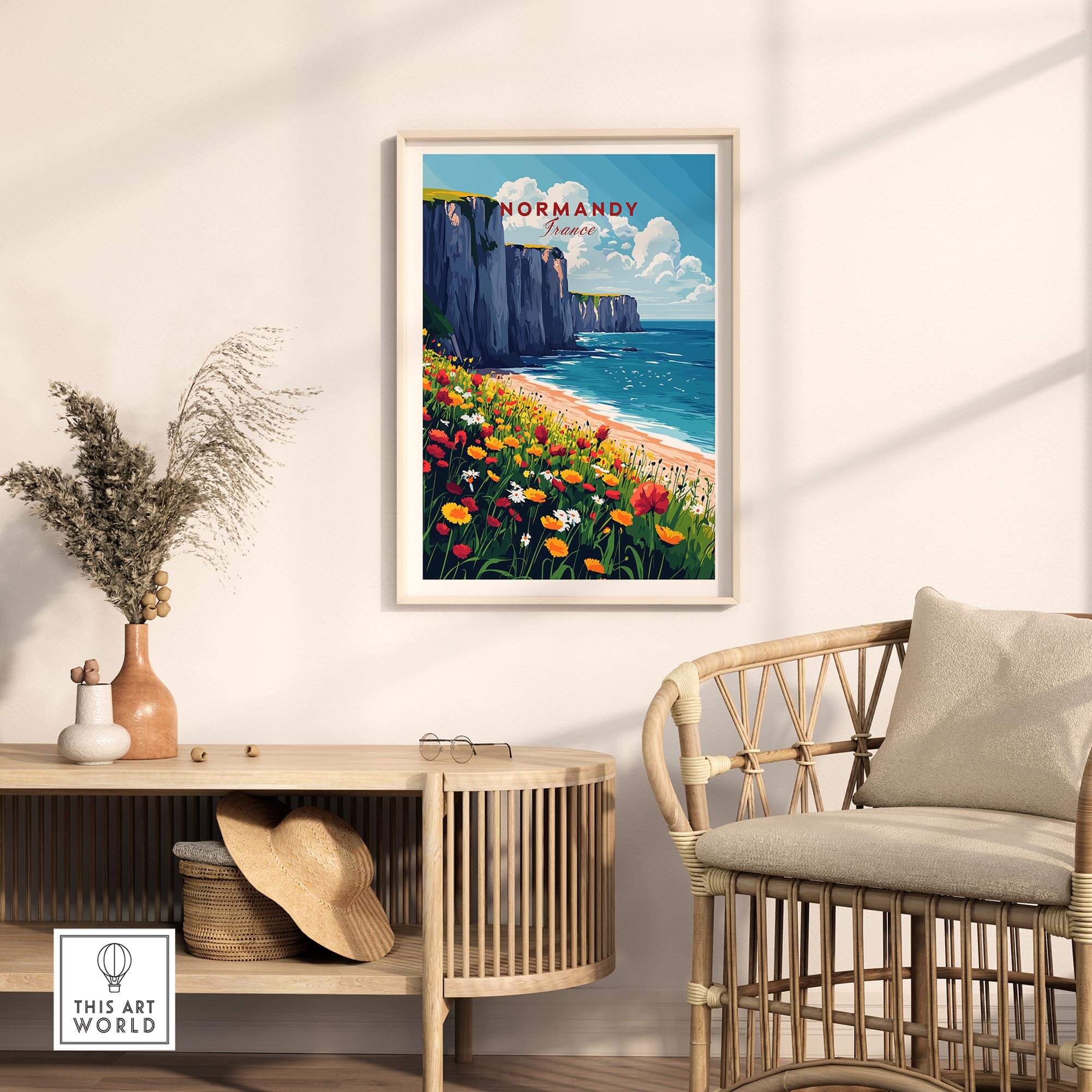 Normandy Wall Art Print featuring coastal cliffs and vibrant flowers, perfect for enhancing any living space.