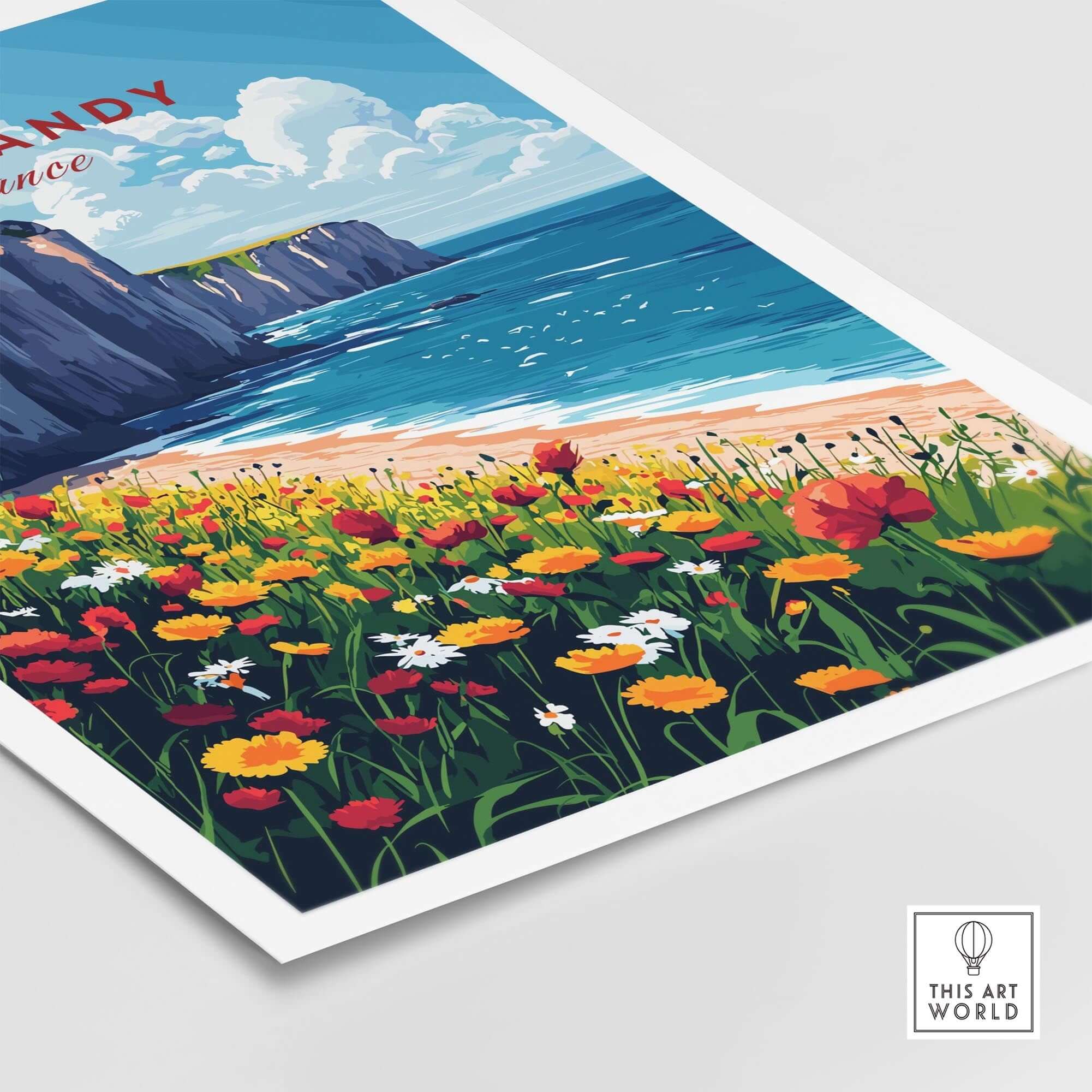 Normandy Wall Art Print showcasing coastal cliffs and flowers, capturing the beauty of Normandy, France.