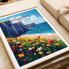 Normandy Wall Art Print featuring stunning coastal cliffs and vibrant flowers, perfect for adding coastal charm to any room.