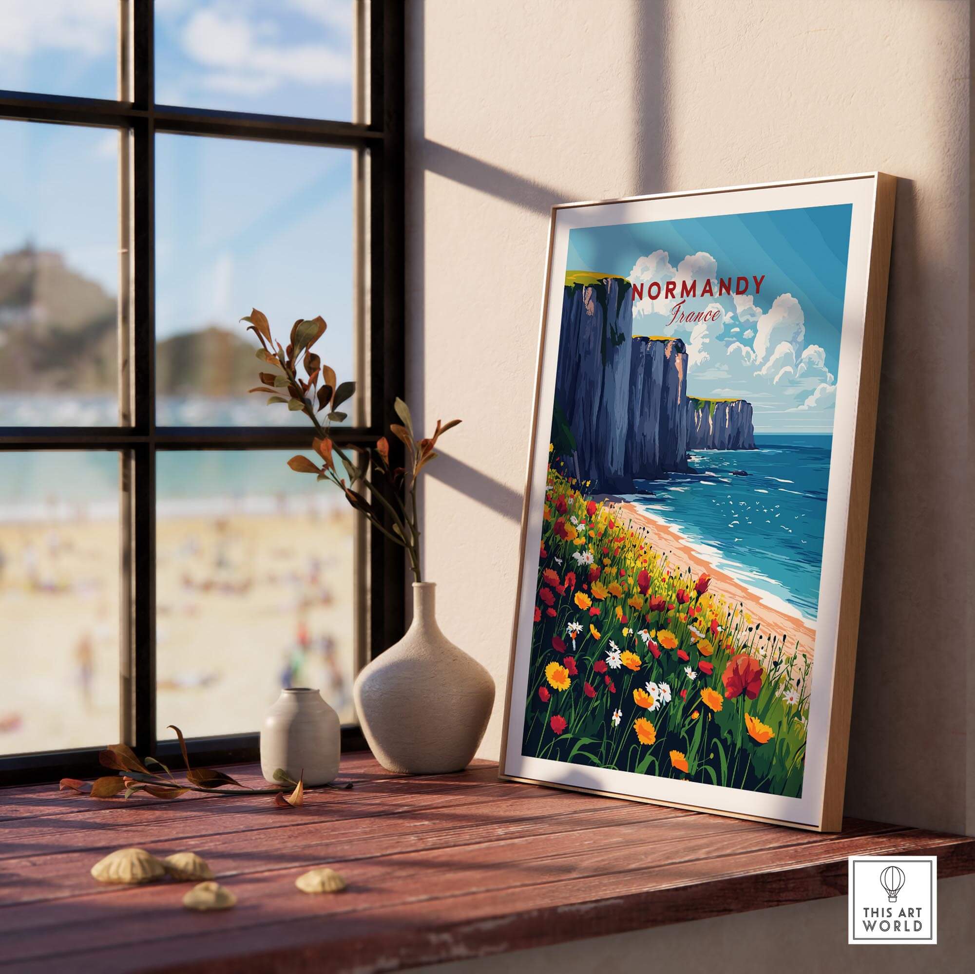 Normandy Wall Art Print showcasing coastal cliffs and flowers, ideal for inspiring coastal charm in any room.
