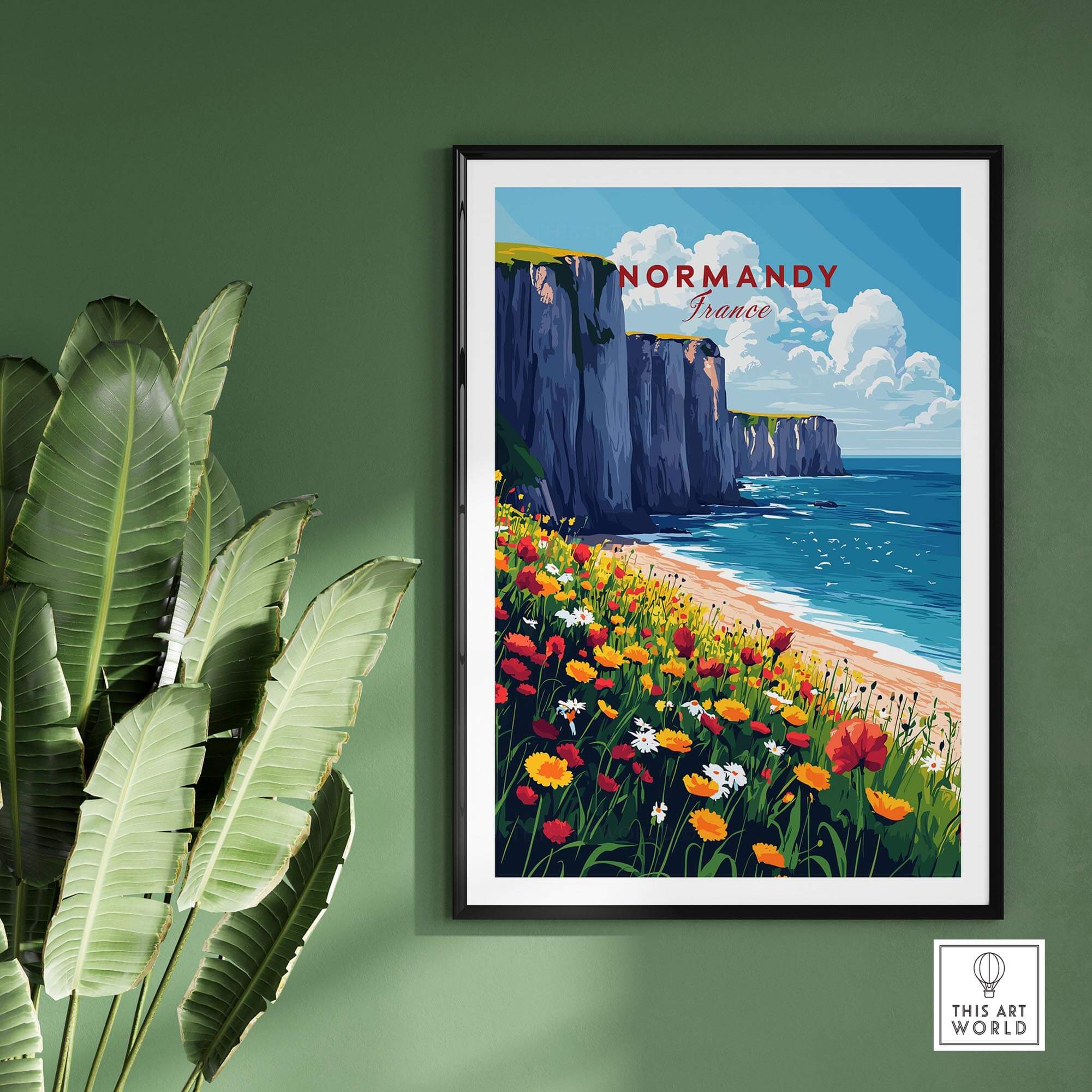 Normandy Wall Art Print showcasing coastal cliffs and flowers, perfect for adding charm to your home decor.
