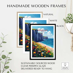 Normandy Wall Art Print framed in three styles: natural, white, and black, highlighting coastal beauty and flowers.