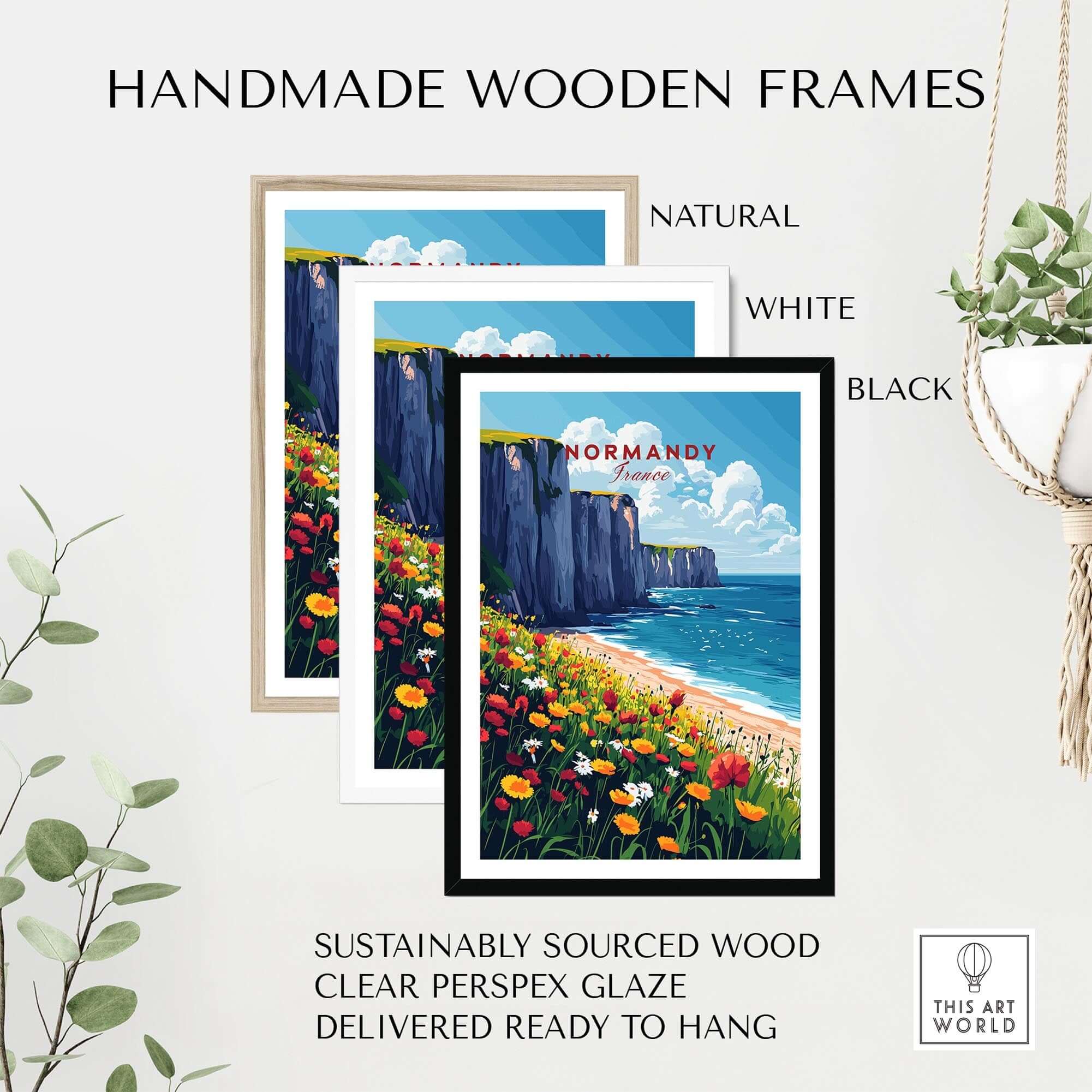 Normandy Wall Art Print framed in three styles: natural, white, and black, highlighting coastal beauty and flowers.