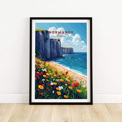 Normandy Wall Art Print showcasing coastal cliffs and colorful flowers, perfect for adding charm to any room.
