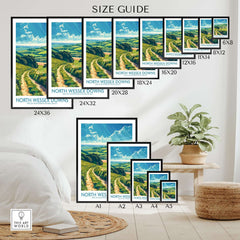 North Wessex Downs Art Print size guide showcasing various frame sizes for home decor.