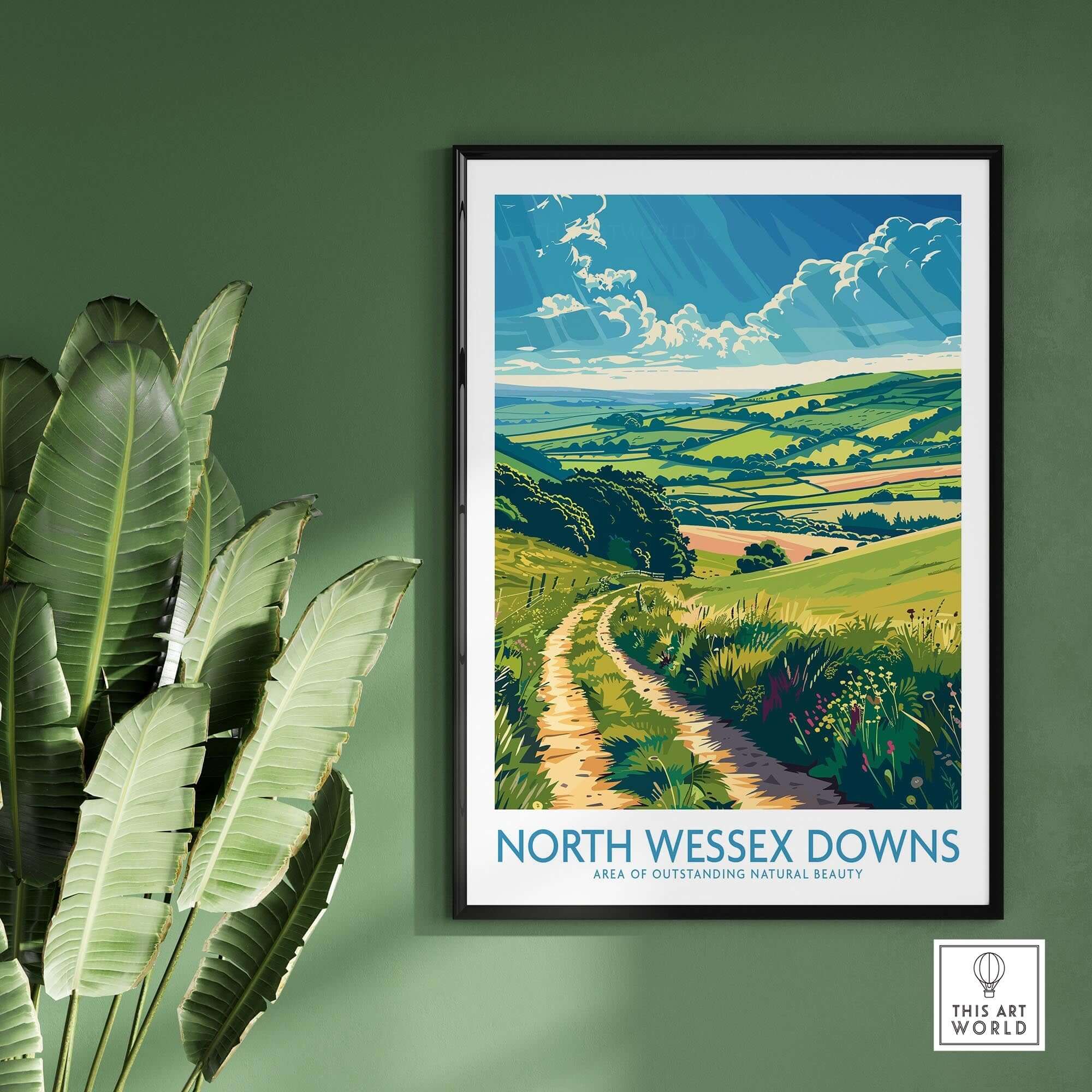 North Wessex Downs Art Print showcasing the beauty of the English countryside, framed and displayed in a green setting.