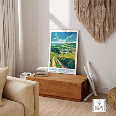 North Wessex Downs Art Print displayed in a stylish living room, highlighting English countryside beauty.