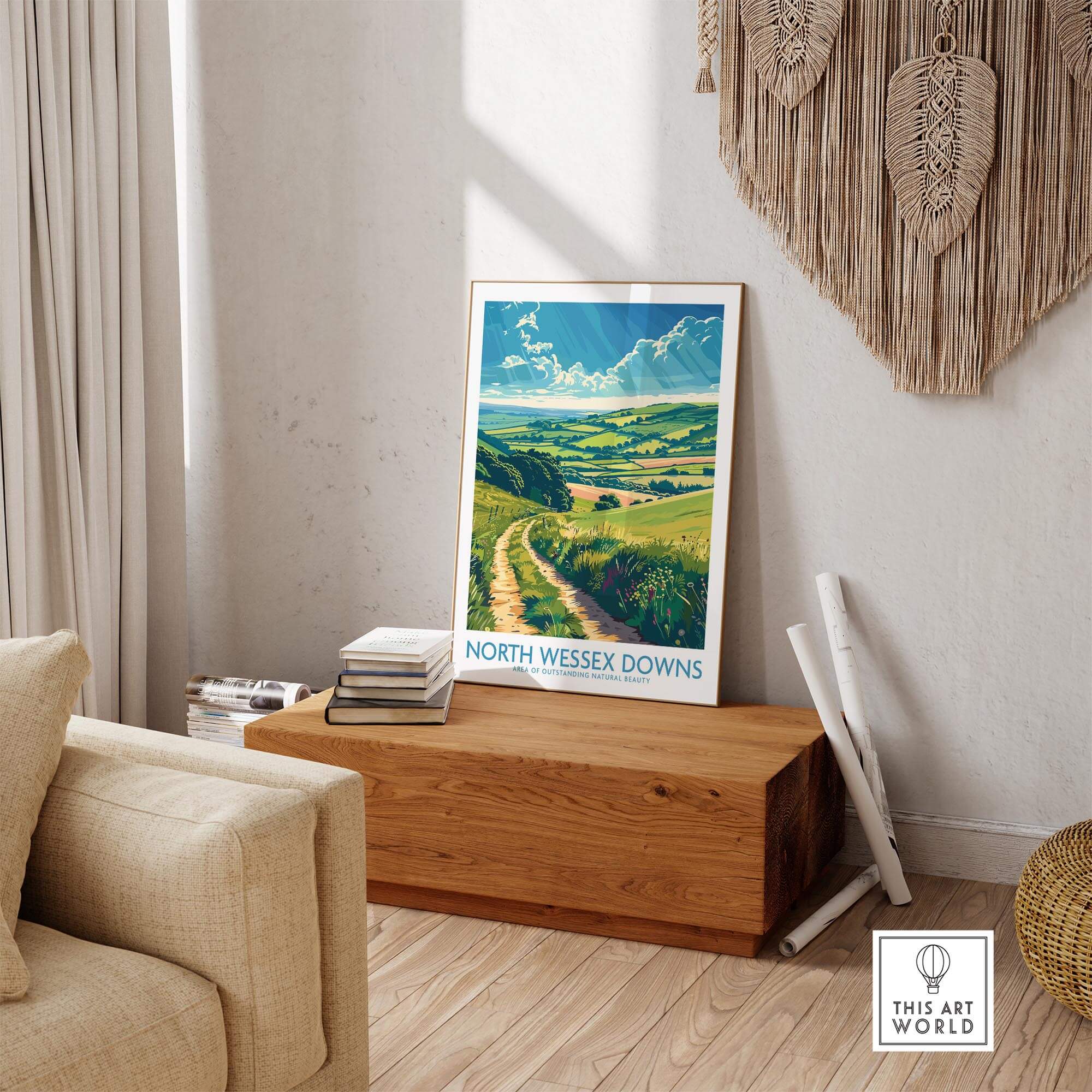 North Wessex Downs Art Print displayed in a stylish living room, highlighting English countryside beauty.
