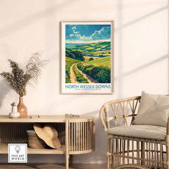 North Wessex Downs Art Print displayed in a cozy room, showcasing the beauty of the English countryside.