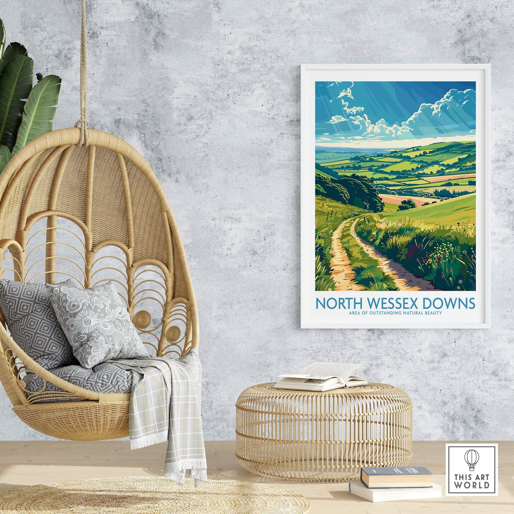 North Wessex Downs Art Print displayed in a stylish living room setting with wicker furniture.