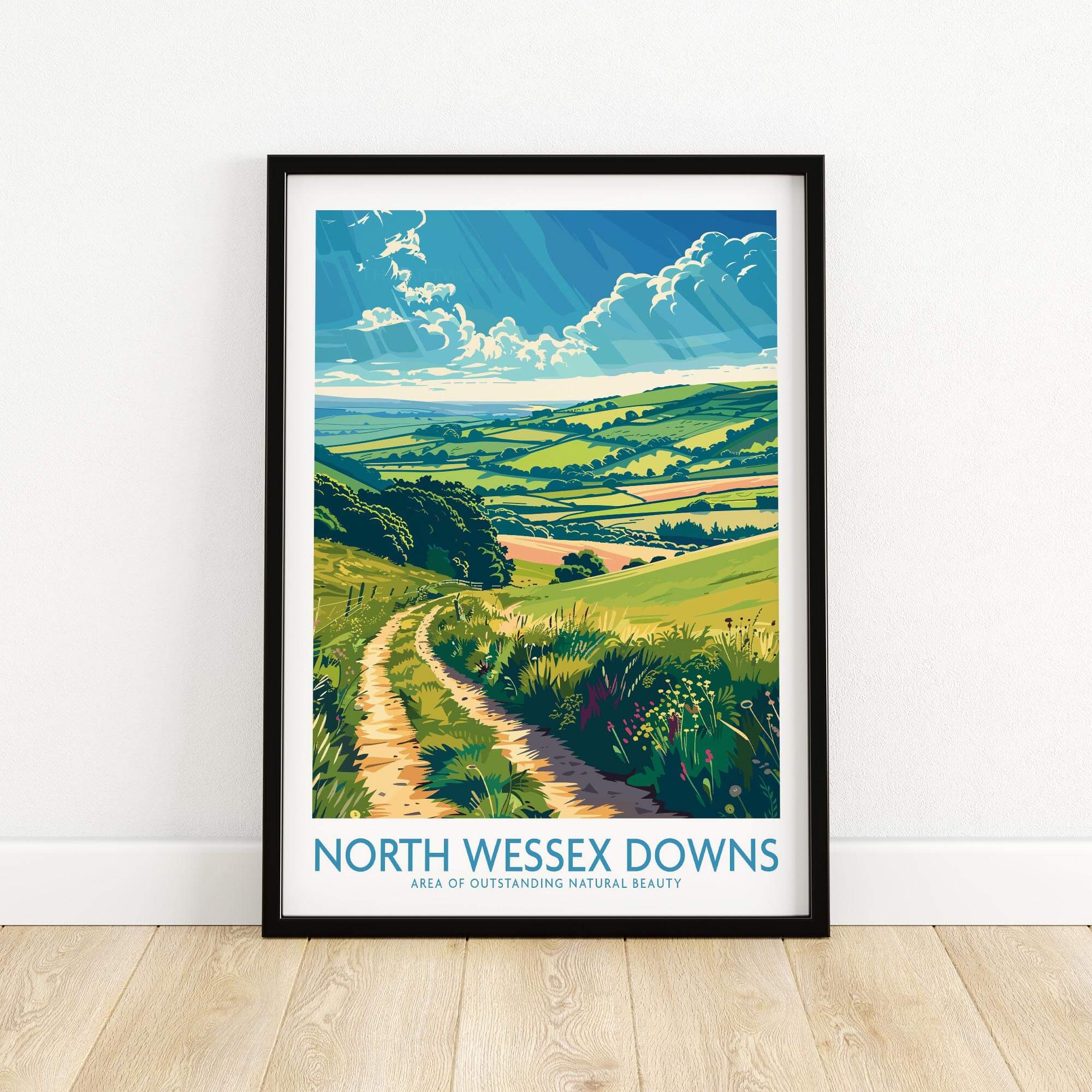 North Wessex Downs Art Print featuring a vibrant landscape of the English countryside.