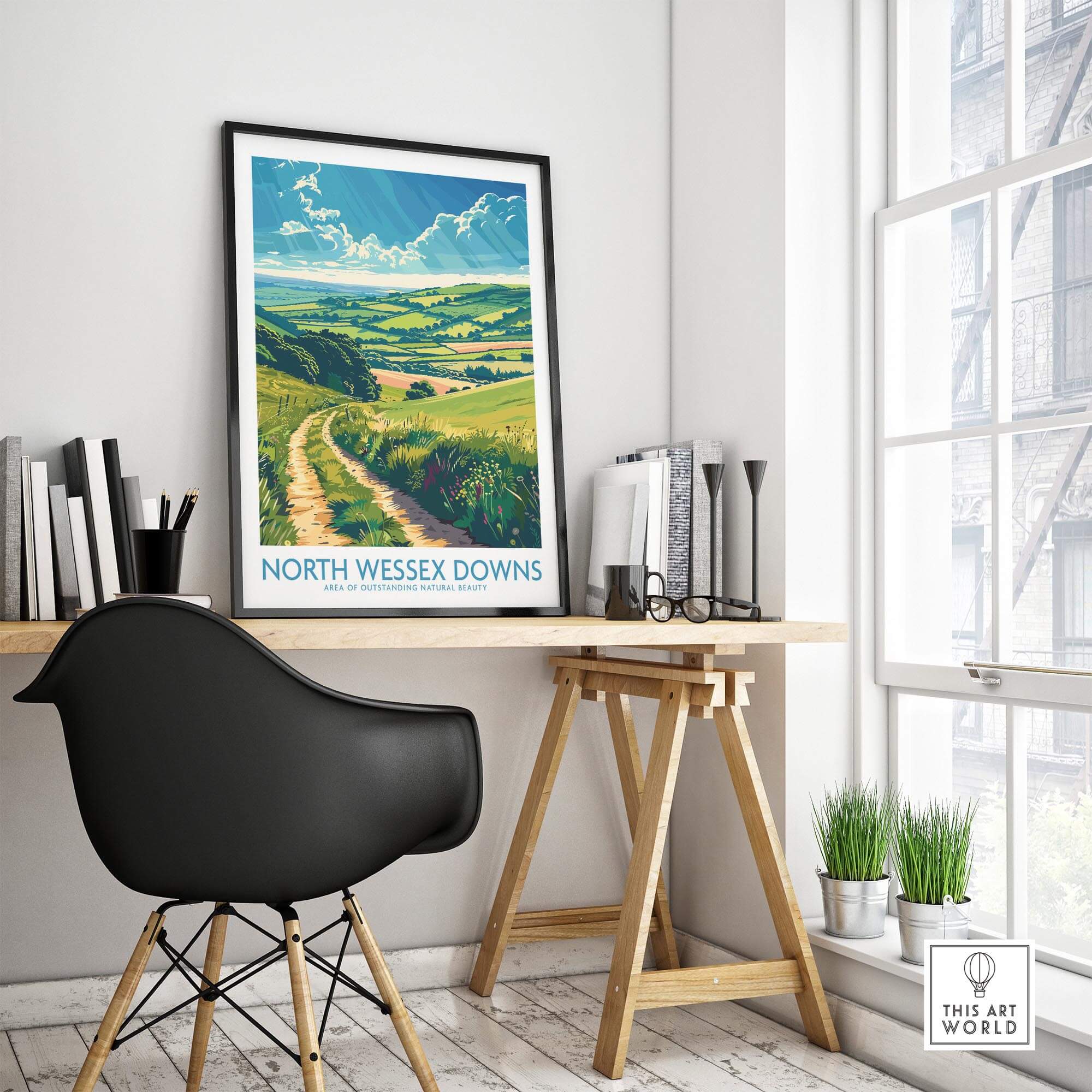 North Wessex Downs Art Print displayed in a modern home office setting, showcasing scenic countryside beauty.