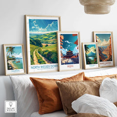North Wessex Downs Art Print displayed among other travel-themed art prints in a cozy living room setting.
