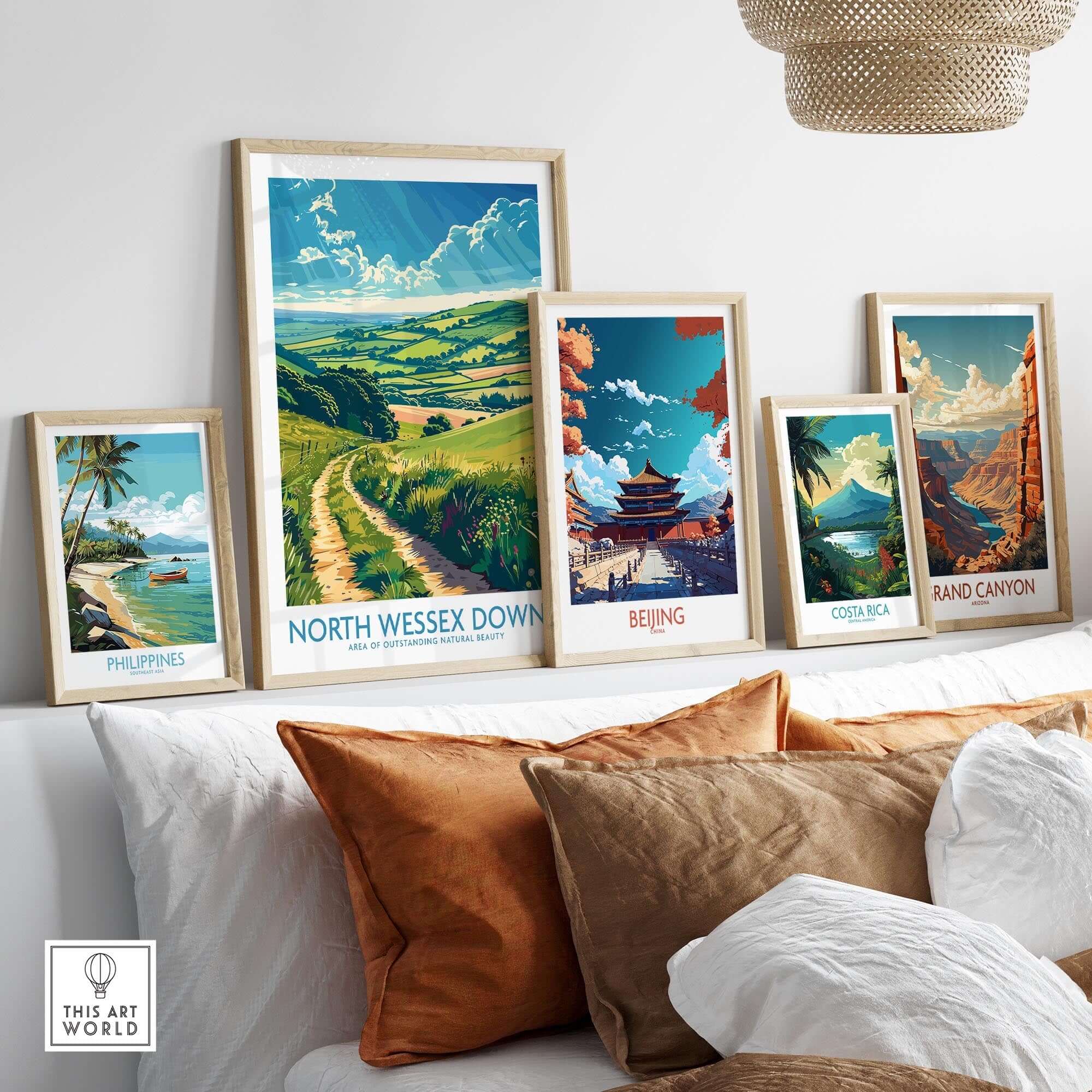 North Wessex Downs Art Print displayed among other travel-themed art prints in a cozy living room setting.