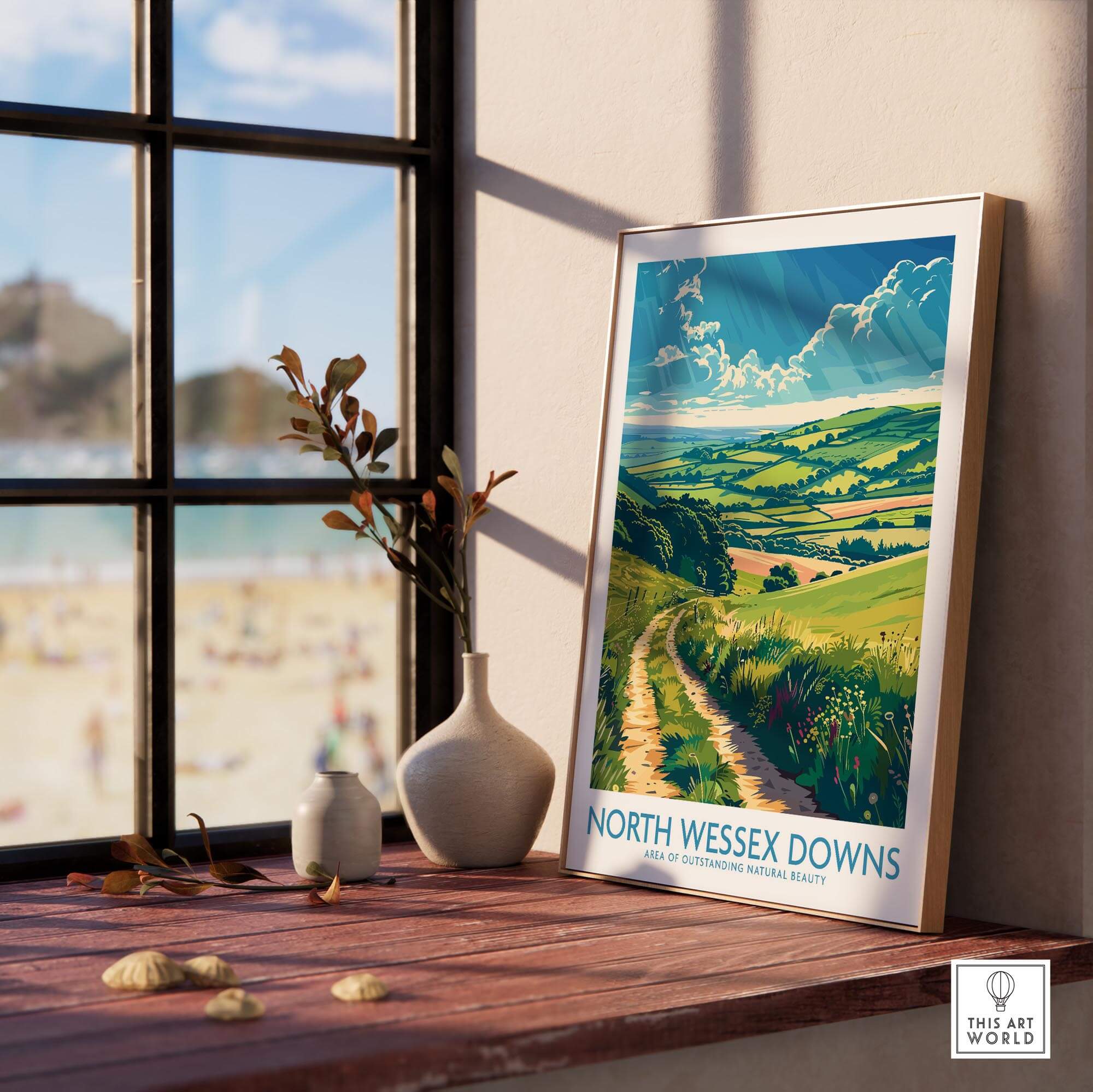 North Wessex Downs Art Print displayed in a sunny room, featuring the beauty of the English countryside.