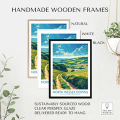 Handmade wooden frames for North Wessex Downs Art Print in natural, white, and black finishes.