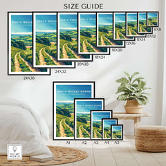North Wessex Downs Poster size guide featuring various frame sizes and a serene countryside design.