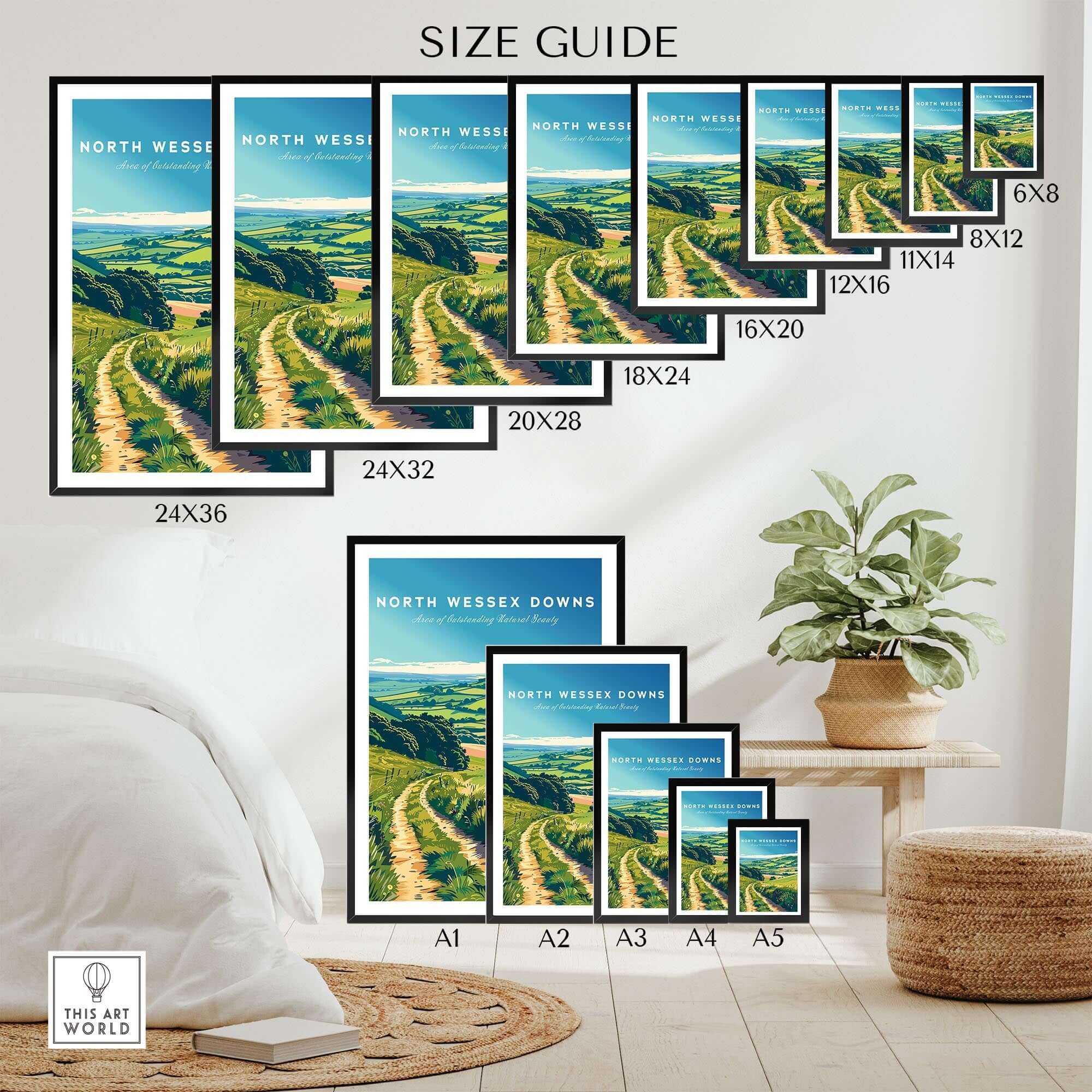 North Wessex Downs Poster size guide featuring various frame sizes and a serene countryside design.