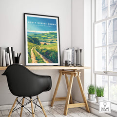 North Wessex Downs Poster framed in a modern workspace showcasing beautiful English countryside.