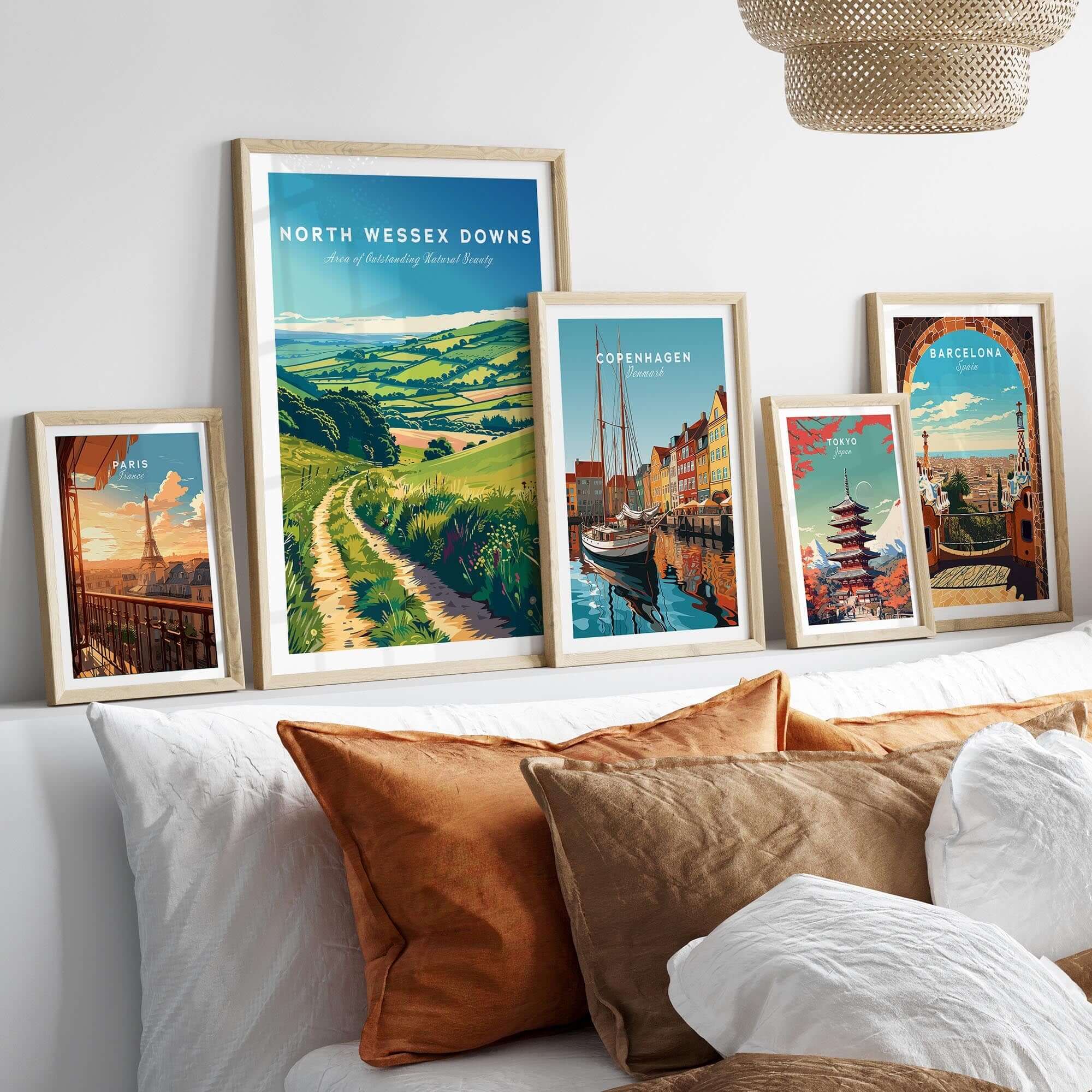 North Wessex Downs Poster displayed among other art prints in a stylish interior setting.