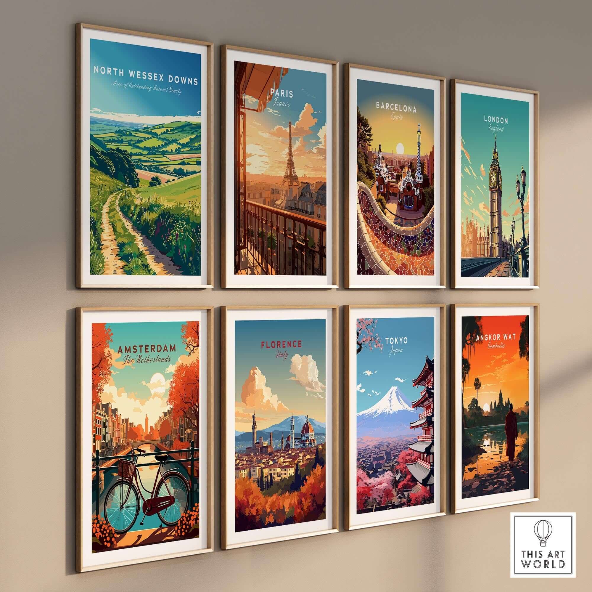 North Wessex Downs Poster displayed among other city posters on a gallery wall showcasing travel destinations.
