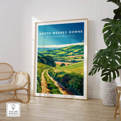 North Wessex Downs Poster showcasing rolling hills and vibrant landscapes of Southern England in a stylish interior setting.