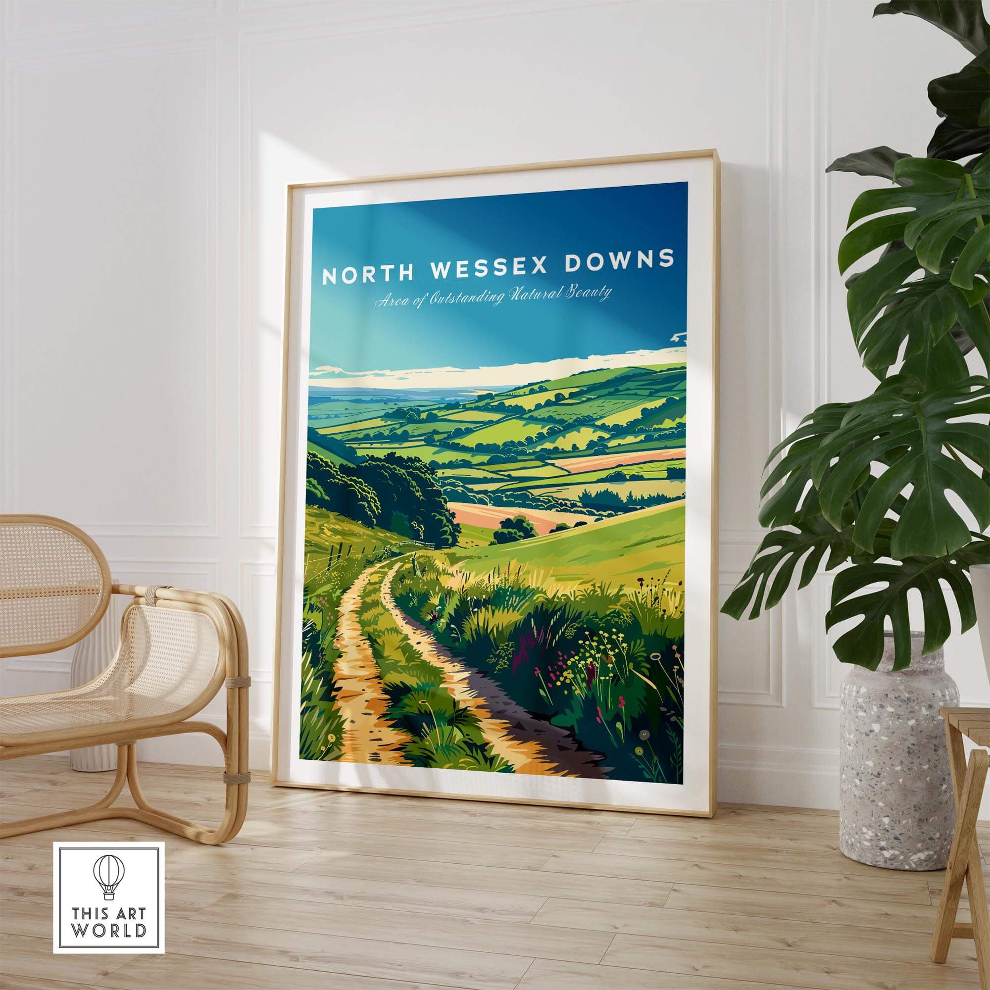 North Wessex Downs Poster showcasing rolling hills and vibrant landscapes of Southern England in a stylish interior setting.
