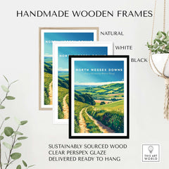 Handmade wooden frames showcasing North Wessex Downs Poster in natural, white, and black options, ready to hang.