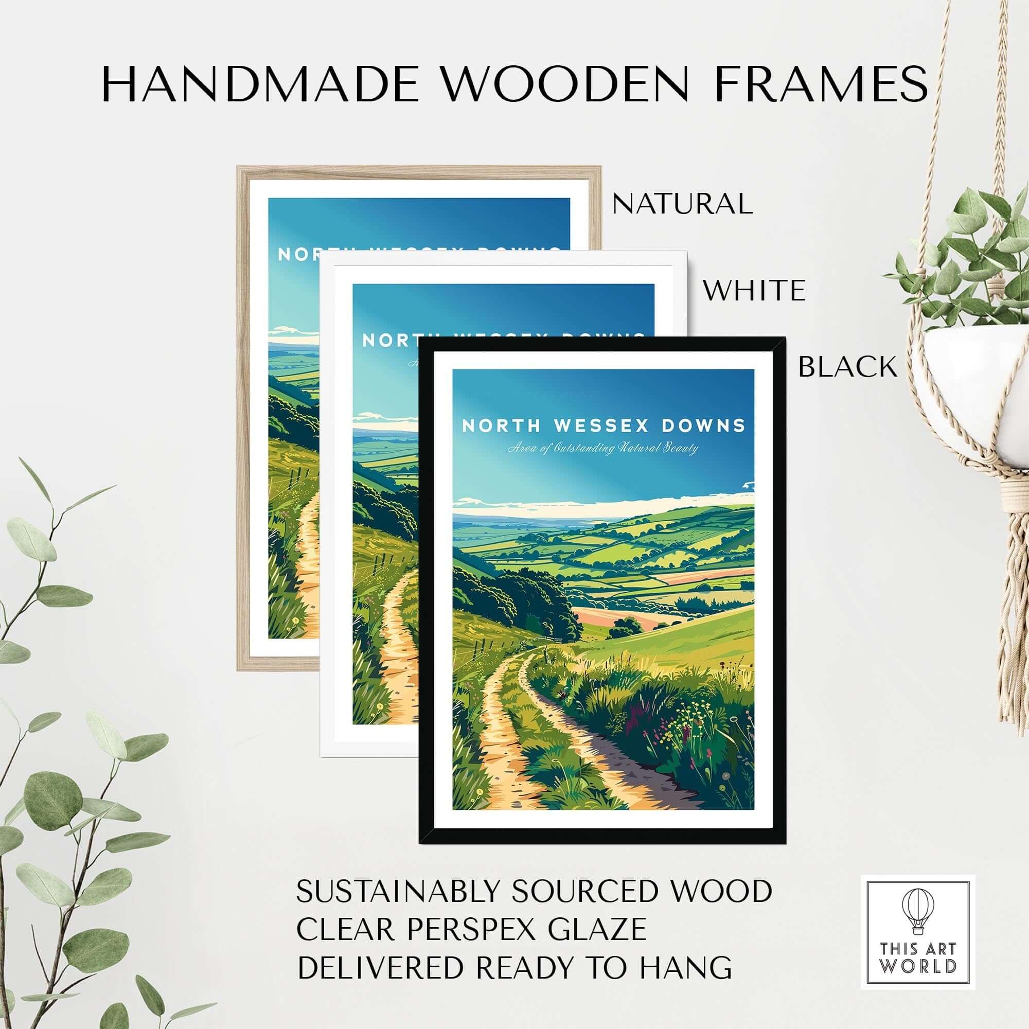 Handmade wooden frames showcasing North Wessex Downs Poster in natural, white, and black options, ready to hang.