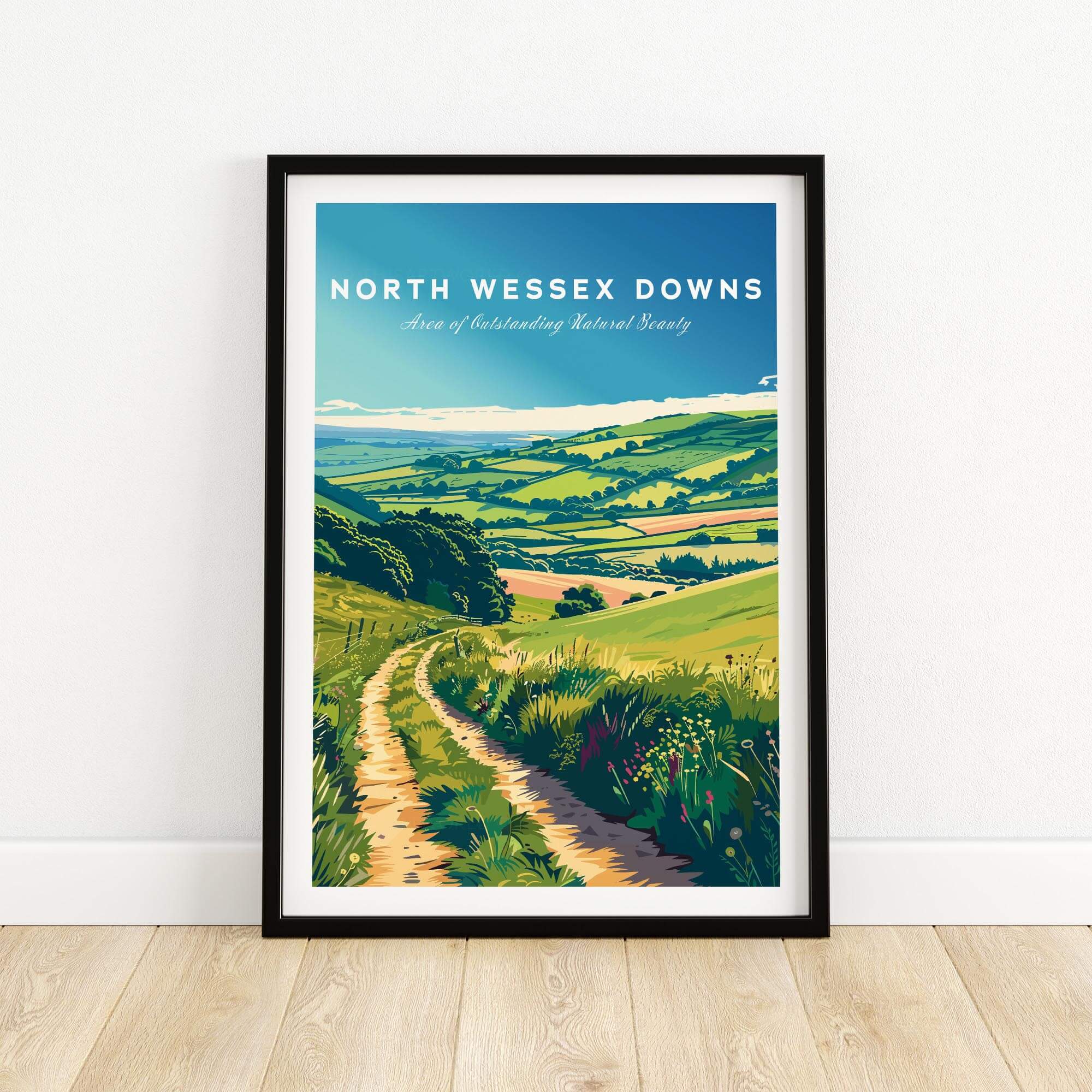 North Wessex Downs Poster featuring rolling hills and countryside art print in a framed display.
