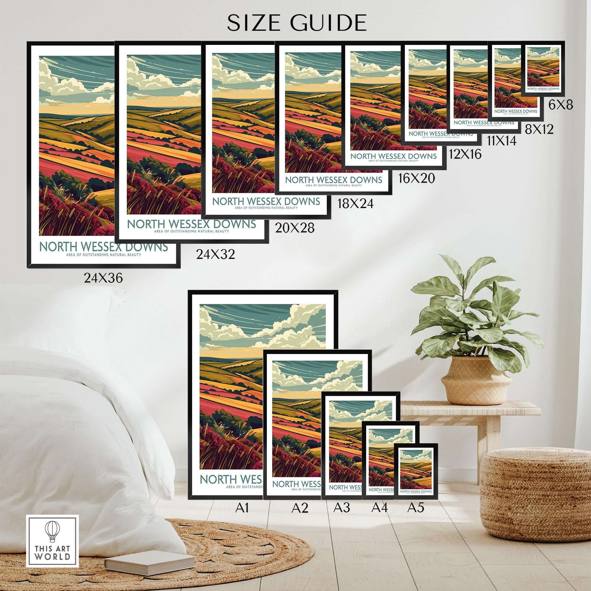 Size guide for North Wessex Downs Travel Print showcasing various frame sizes and natural landscape design.