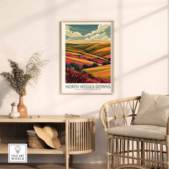 North Wessex Downs Travel Print showcasing vibrant hills and skies in a stylish home setting.