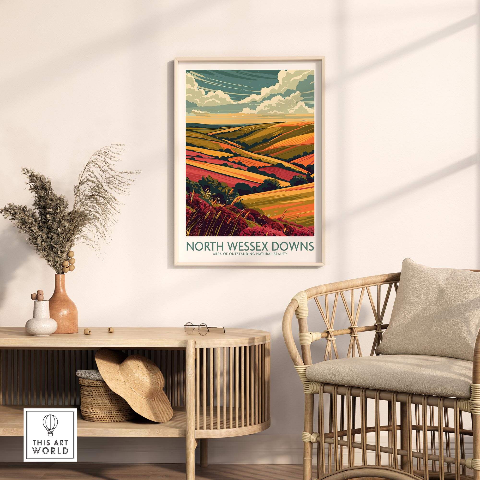North Wessex Downs Travel Print showcasing vibrant hills and skies in a stylish home setting.