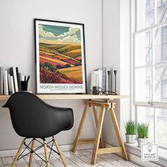 North Wessex Downs Travel Print displayed in modern home office setting with stylish desk and chair.