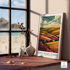 North Wessex Downs Travel Print displayed beside a vase and window, showcasing stunning landscapes of natural beauty.