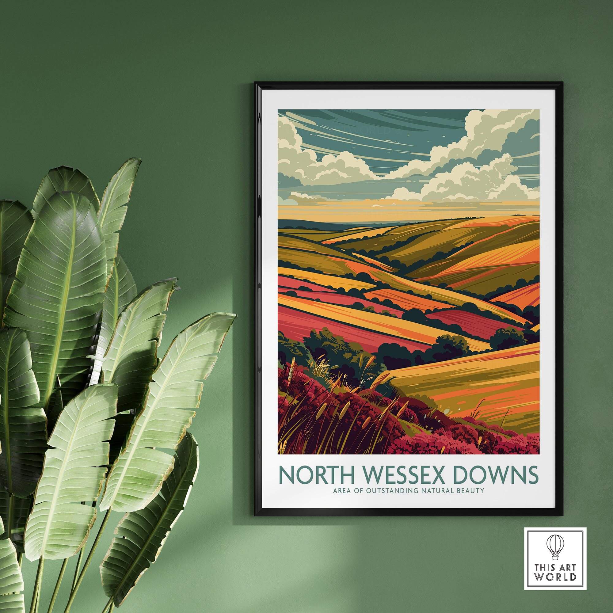 North Wessex Downs Travel Print showcasing the Area of Outstanding Natural Beauty with vibrant landscapes.