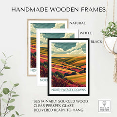 North Wessex Downs Travel Print framed in handmade wooden frames, natural, white, and black options available.