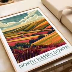 North Wessex Downs Travel Print featuring vibrant landscapes and rolling hills in a beautiful frame.