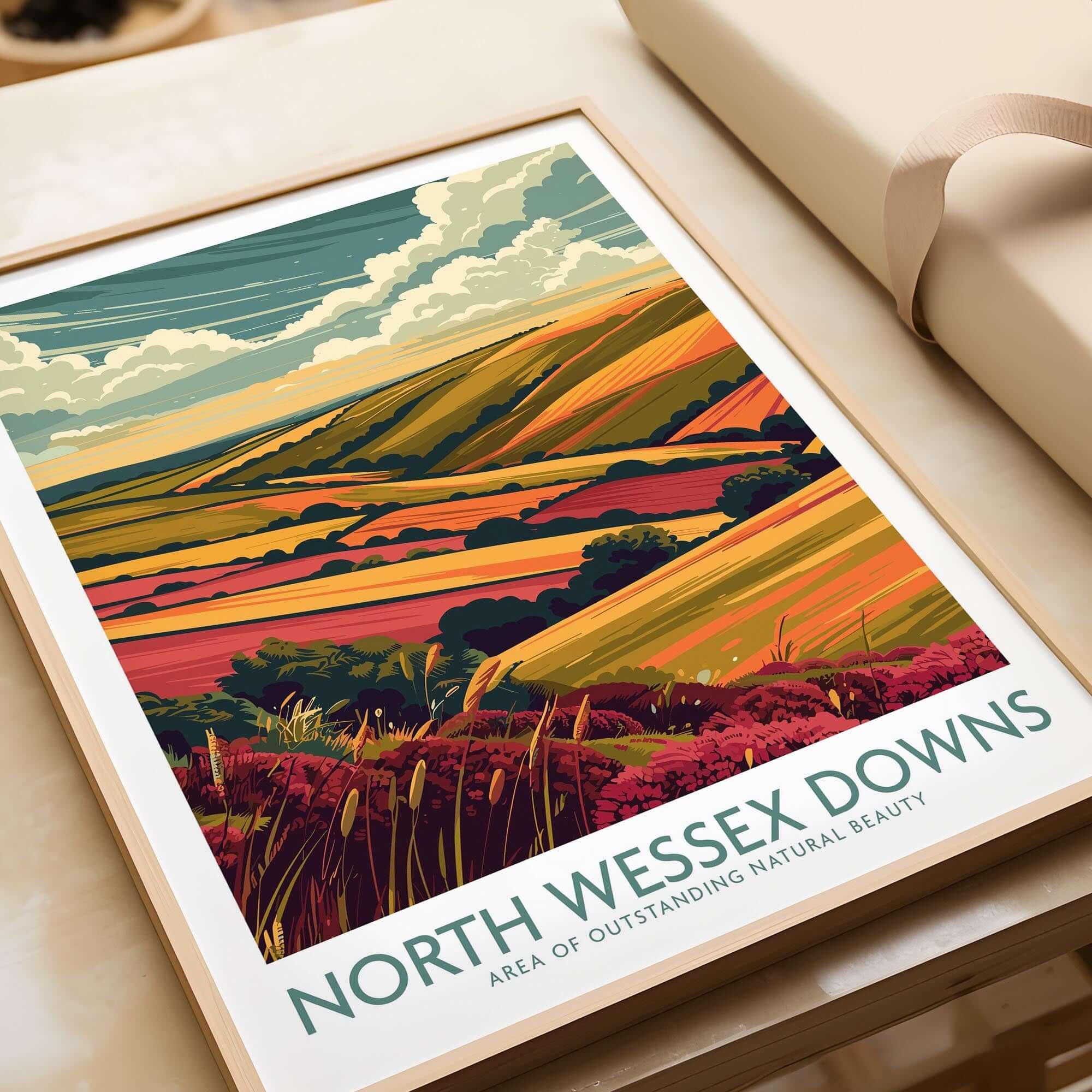 North Wessex Downs Travel Print featuring vibrant landscapes and rolling hills in a beautiful frame.