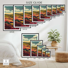 Size guide for North Wessex Downs Wall Art Print showcasing various frame sizes.