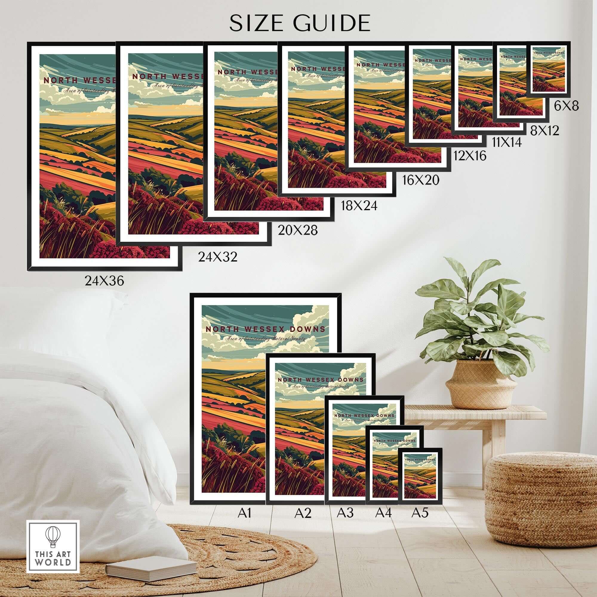 Size guide for North Wessex Downs Wall Art Print showcasing various frame sizes.