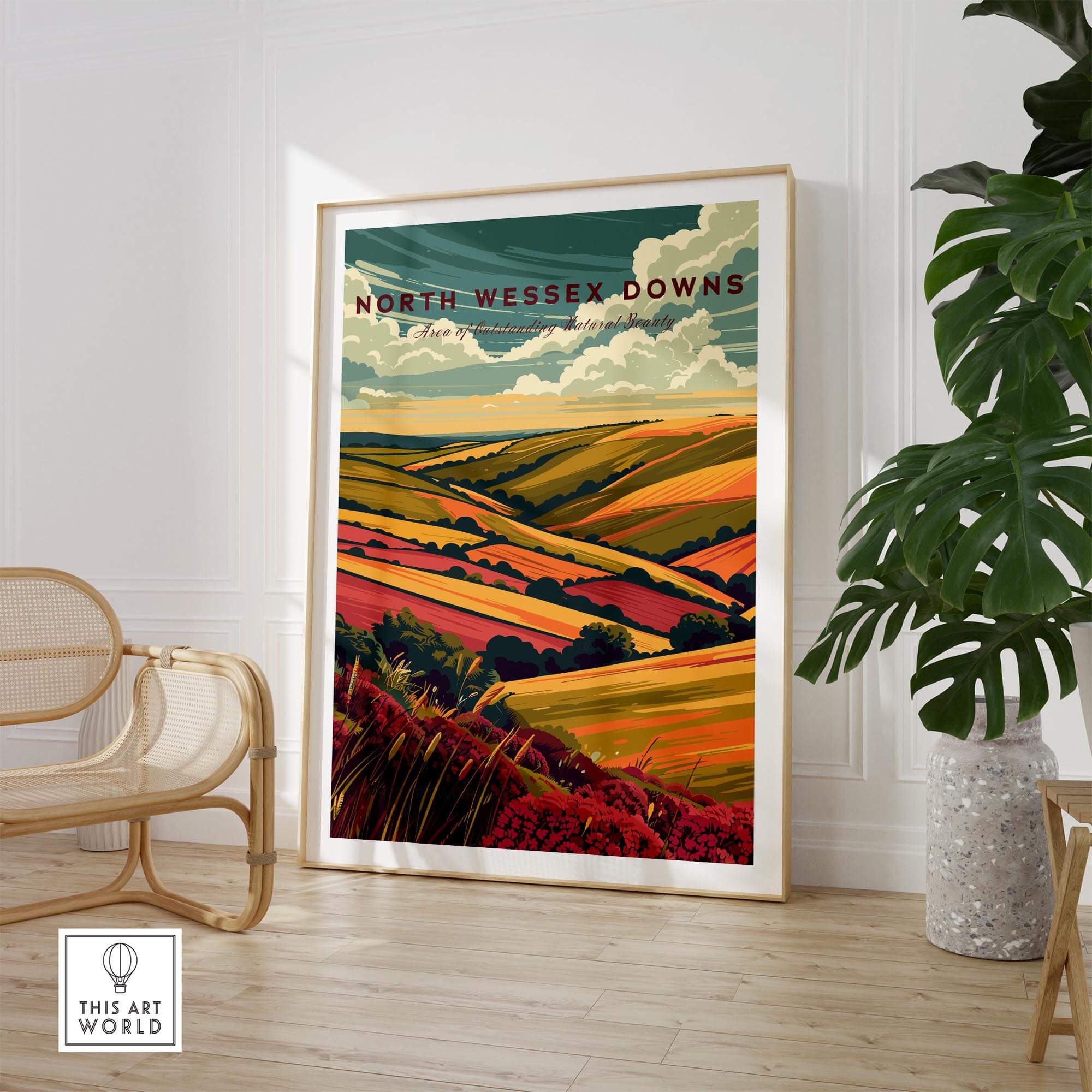 North Wessex Downs Wall Art Print displayed in a modern room, showcasing vibrant landscape colors.