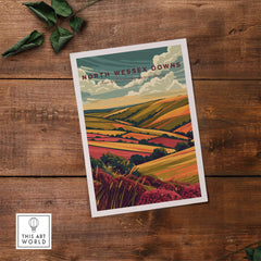 North Wessex Downs Wall Art Print showcasing a colorful landscape with hills and fields, enhancing any home decor.