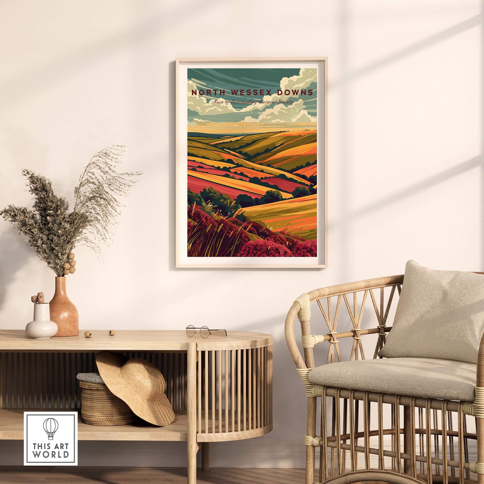 North Wessex Downs Wall Art Print displayed in a modern living room setting with natural light.