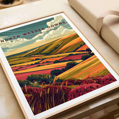 North Wessex Downs Wall Art Print featuring vibrant fields and rolling hills in a beautiful landscape design.
